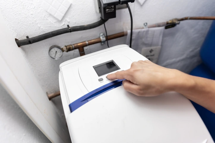 An individual interacts with a water heater located in a bathroom environment.